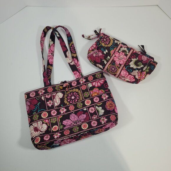 Vera Bradley Mod Floral Pink Tote and Makeup Pouch Set Pink Burgundy - Picture 1 of 9